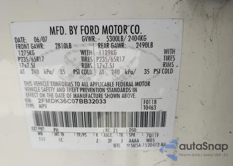 2007 Ford Edge Se from USA, damaged, VIN 2FMDK36C07BB32033